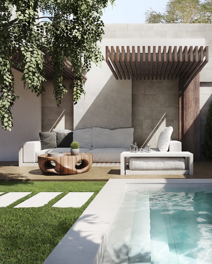 Belleza y serenidad de ambiente piscina 3D exterior.